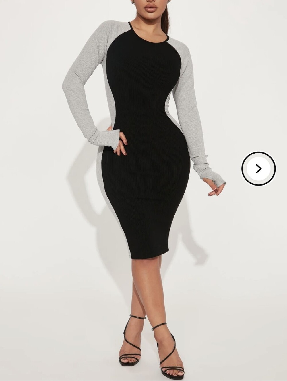 Fashion Nova Black and Gray Colorblock Bodycon Long Sleeve Dress